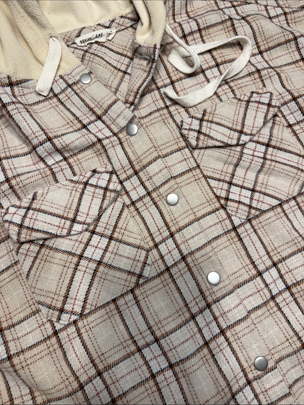 Plaid Hooded Snap-Front Shirt Jacket in Cream - Picture 3 of 6